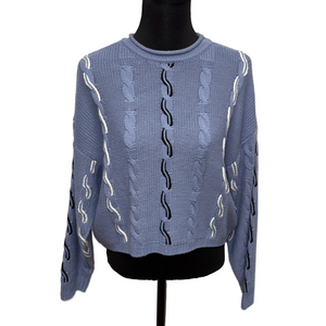 525 America Small Peri Multi Cable Knit Sweater Blue Cropped Cotton